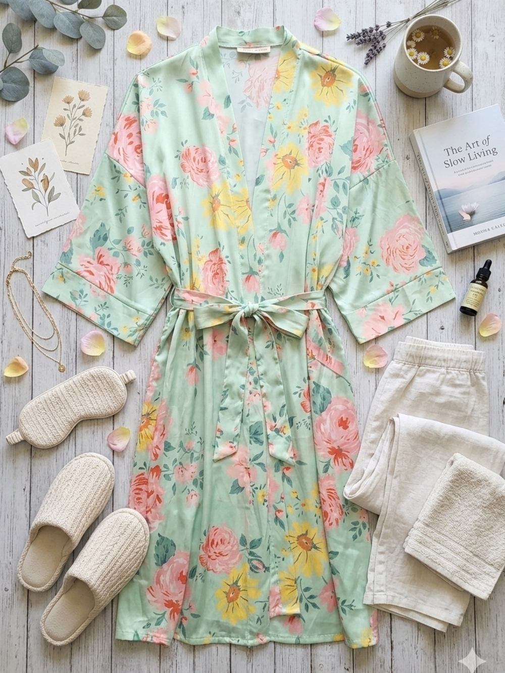 Soho Apparel Mint Floral Satin Robe with Pink & Yellow Blossoms - 1X